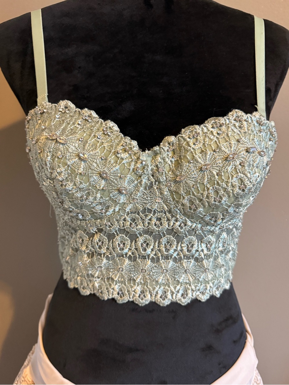 Lace Longline Bralette w/ Rhinestones Light Sage